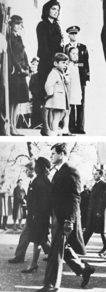 Two images: Mrs Kennedy and her two children; Robert and Edward Kennedy with Mrs Kennedy